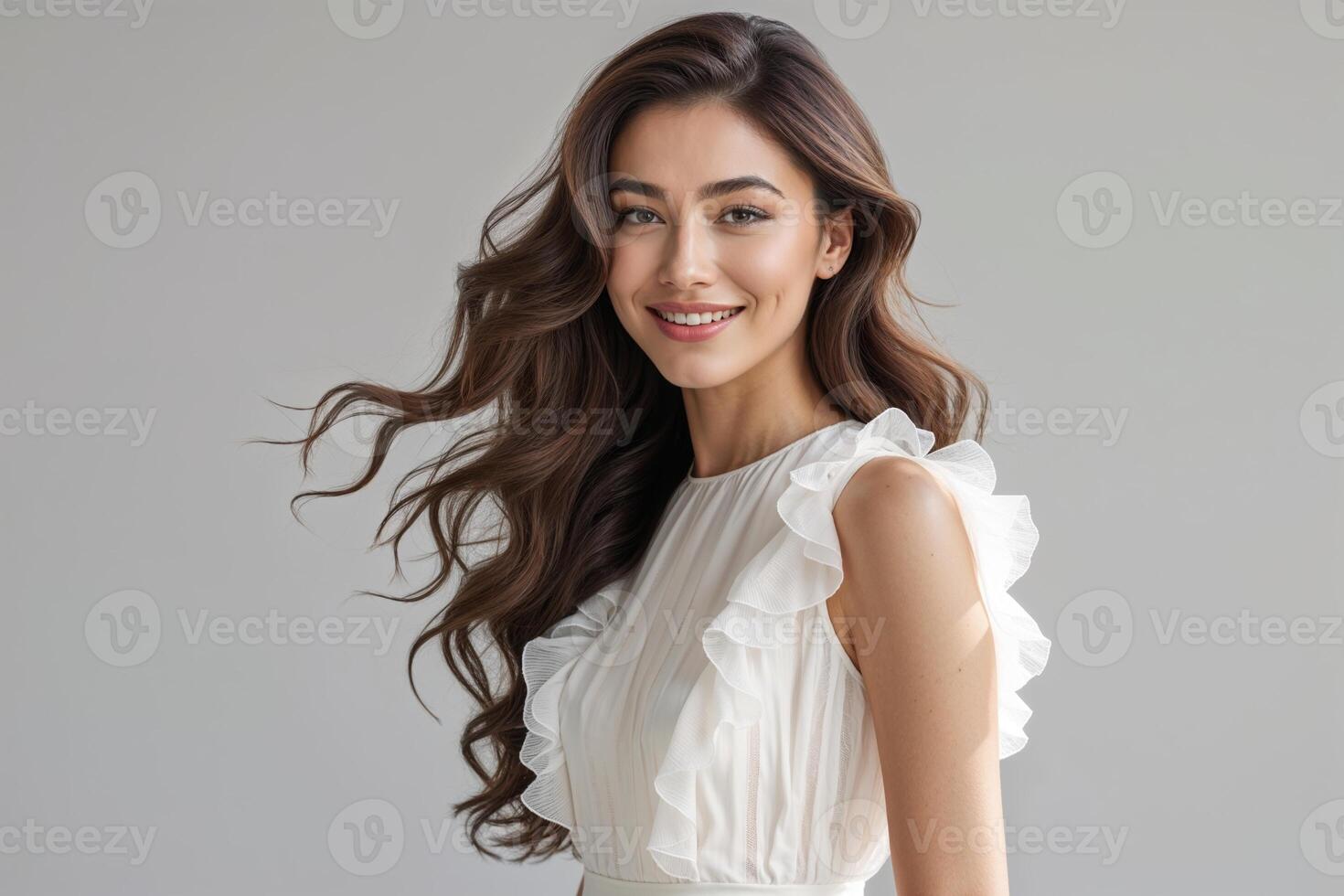 Portrait of Woman with Wavy Brown Hair in Off-White Ruffled Dress photo