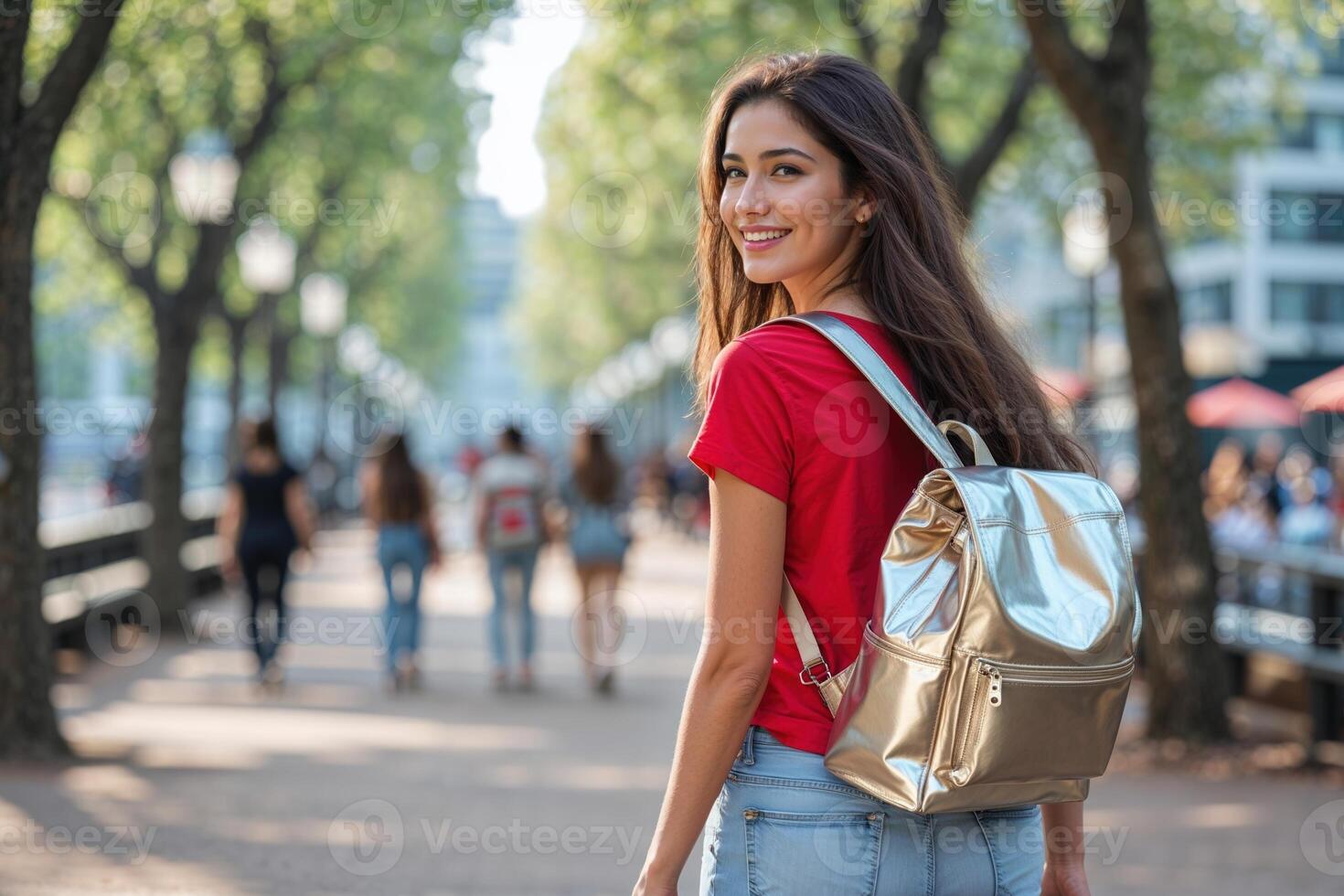 Young Woman with Gold Backpack in City Park photo