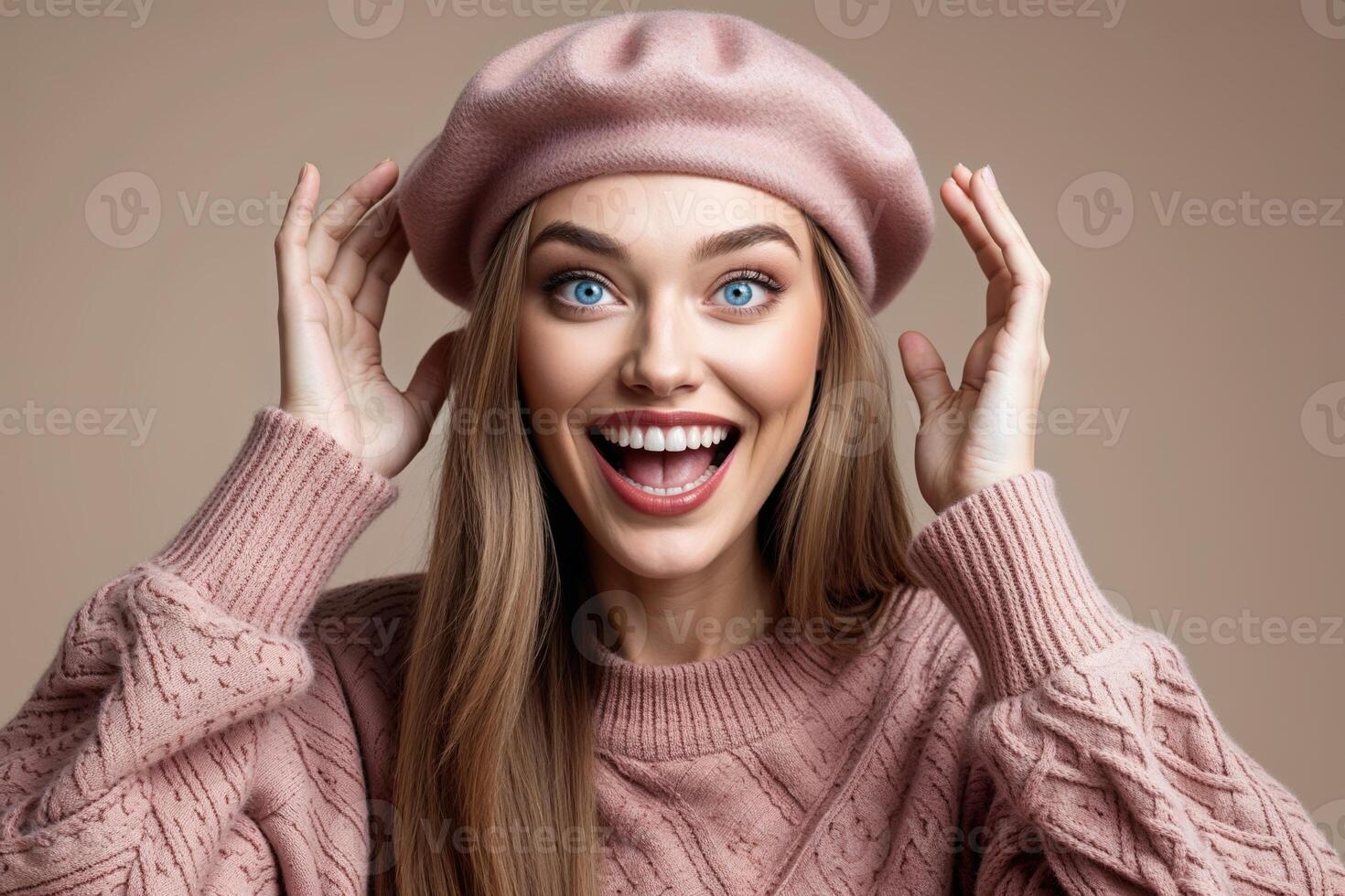 Portrait of Woman in Pink Beret and Sweater photo