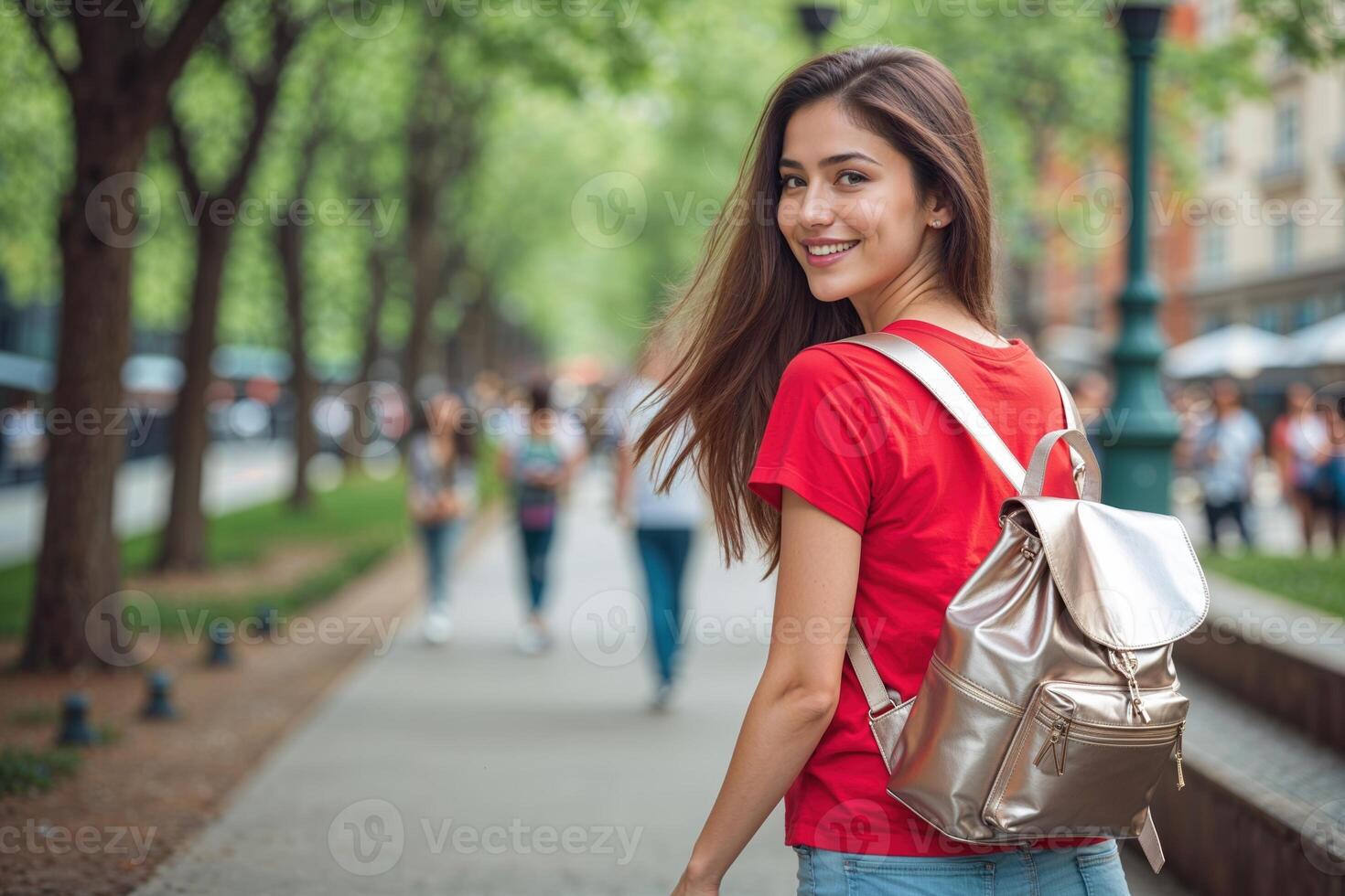 Young Woman with Backpack on City Street photo