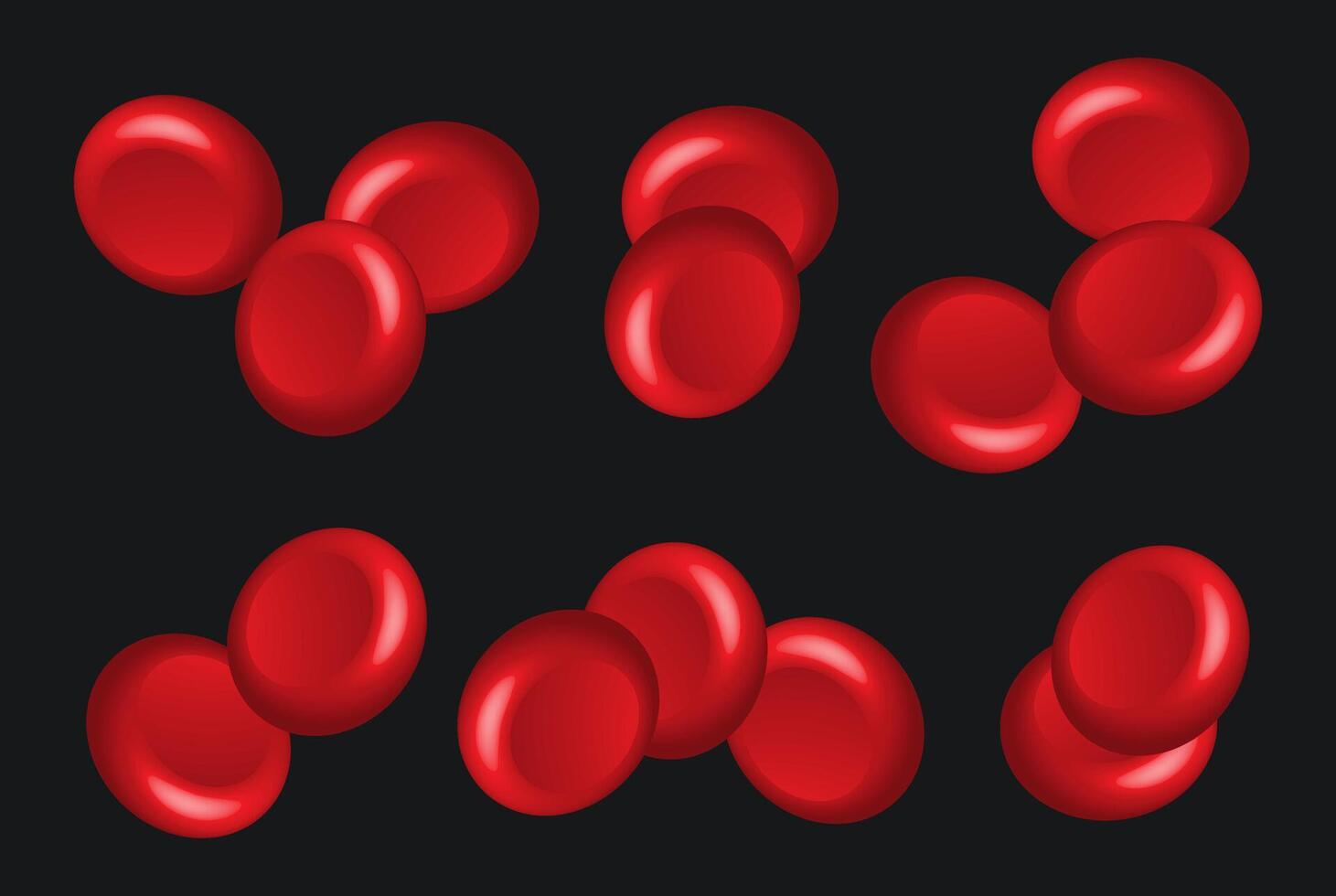 Set of 3D blood cell icon. Human red angle erythrocytes artery medical render science realistic close up.Macro biology research laboratory concept vector