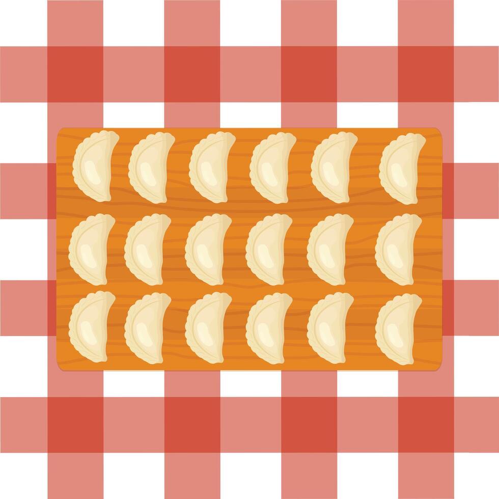 Dumplings on a wooden cutting board on red checkered tablecloth vector