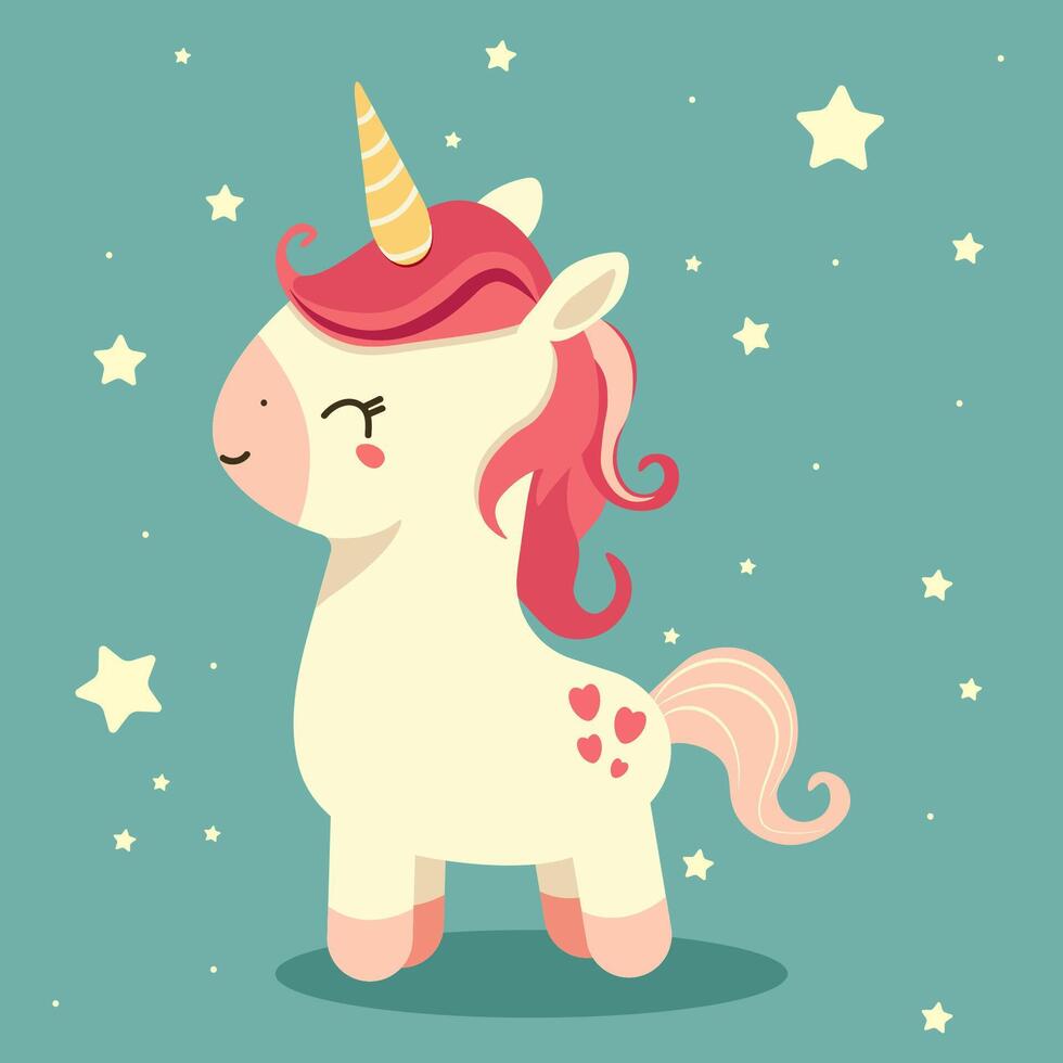 Cute cartoon unicorn with red hair and stars. vector