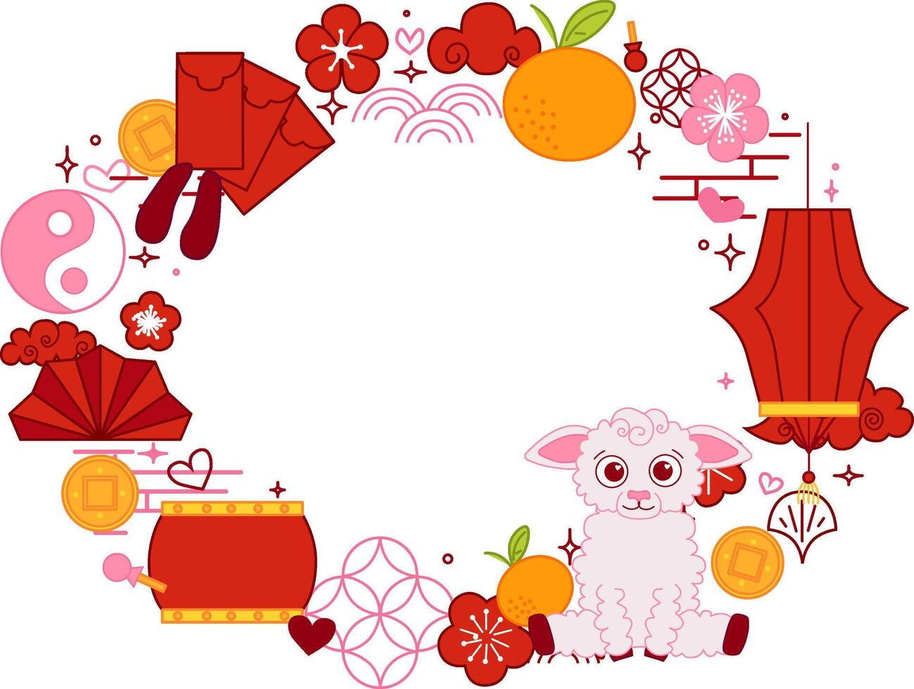 Chinese new year of sheep 2027 oval frame template for your text. CNY related objects graphic illustration vector