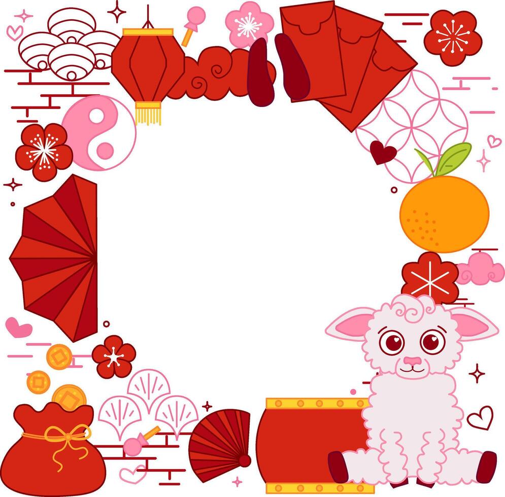 Happy Chinese new year 2027 sheep. Chinese new year circle frame template for show product. Greeting card. graphic line China frame with lantern on transparent background. vector
