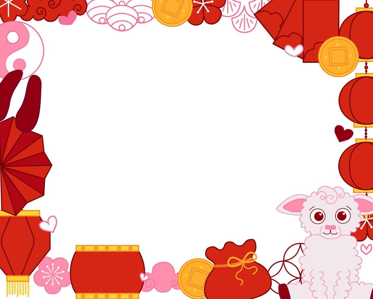 2027 Chinese new year of sheep rectangle template frame design. CNY related objects around. graphic line illustration vector