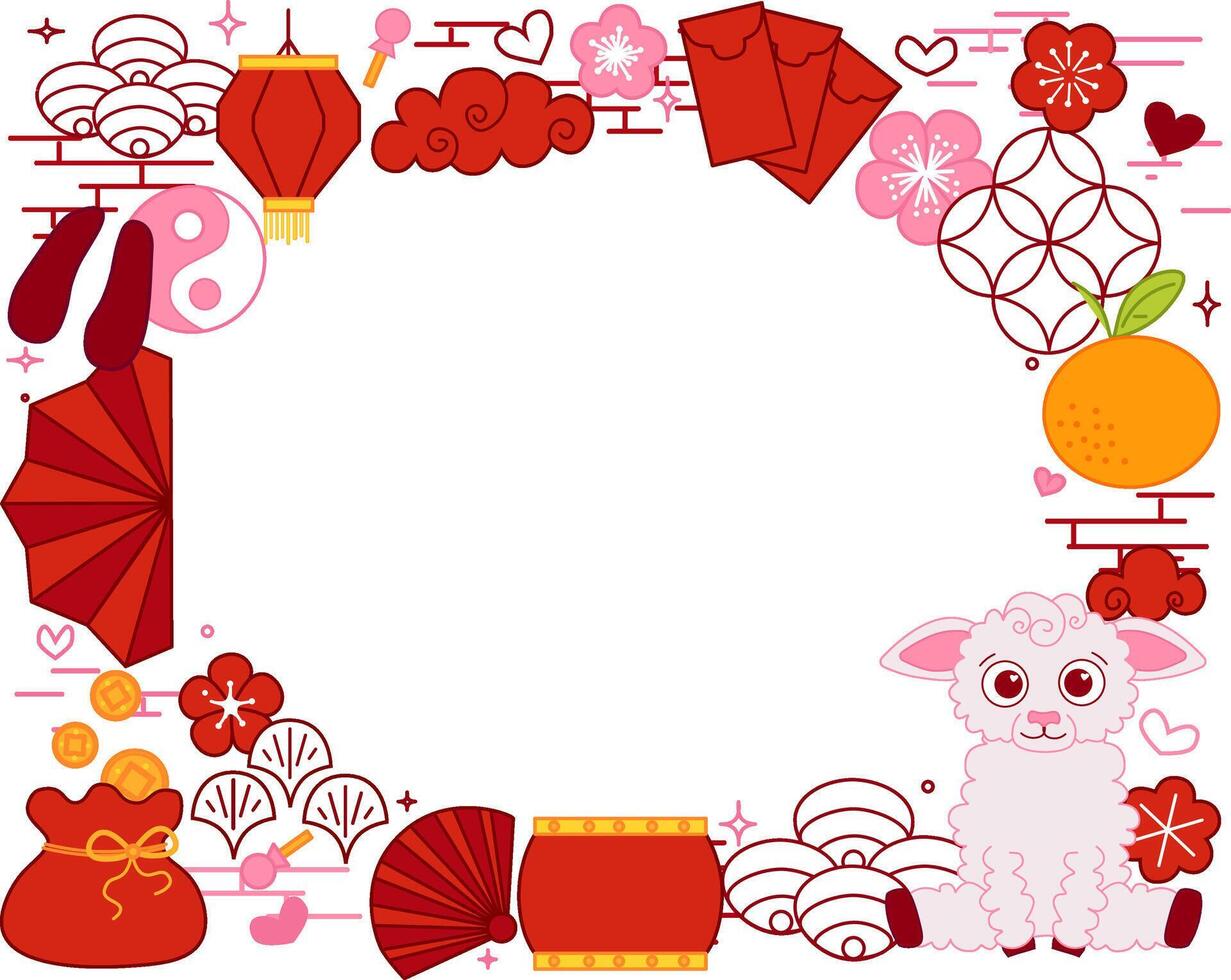 new year Chinese lantern festival 2027 sheep paper art style with hanging red lanterns. oval frame. graphic template for your text vector