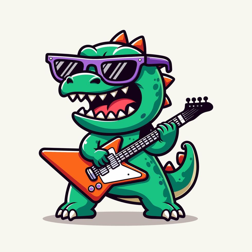 Little monster dinosaur playing electric guitar illustration vector
