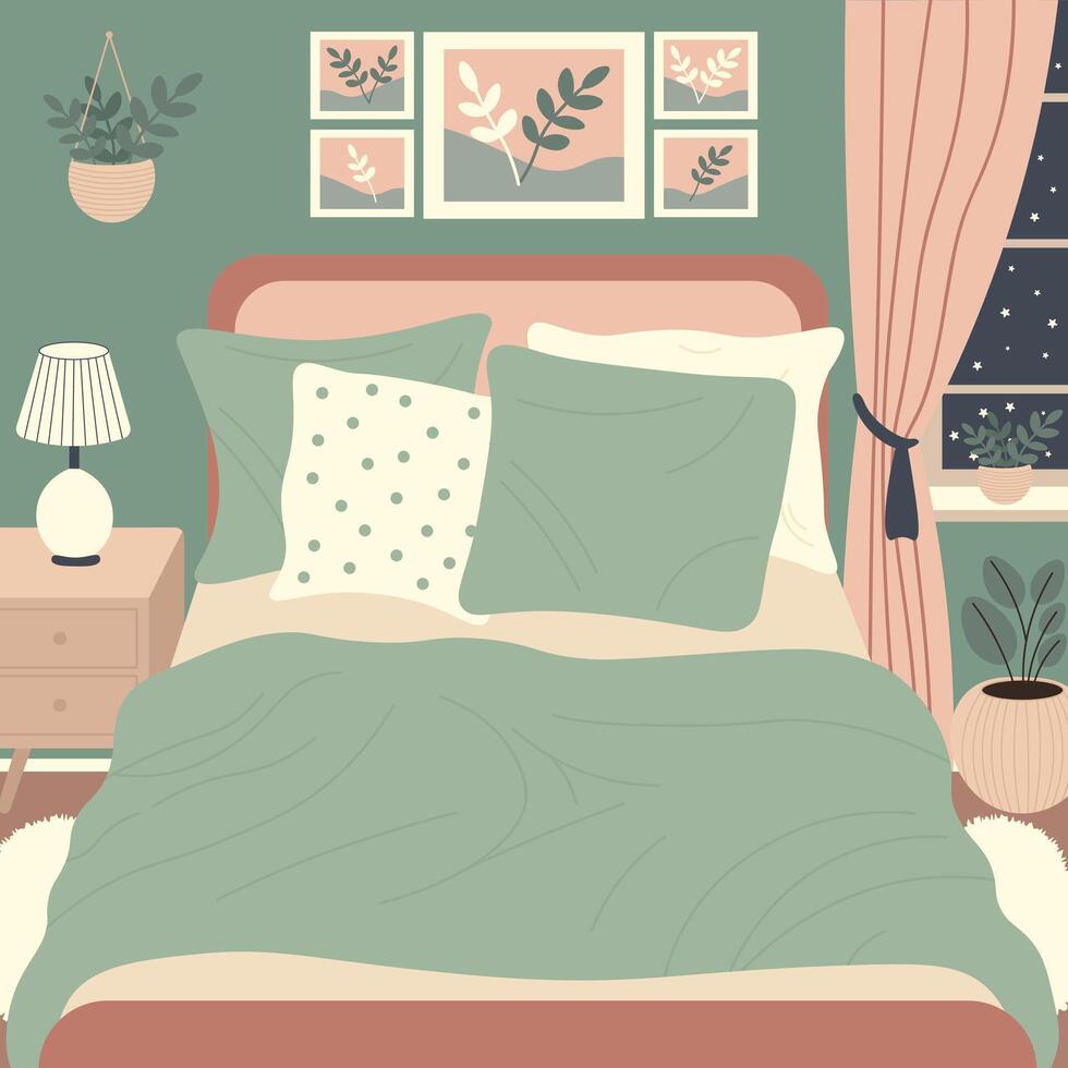 Interior design bedroom with furniture and window. Flat illustration. vector