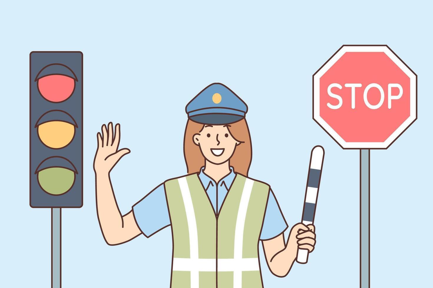 Woman traffic inspector regulates movement of cars, standing near traffic light and stop sign vector