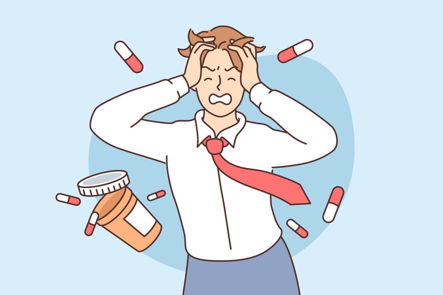 Headache torments business man holding head and standing among capsules for treatment of migraine vector