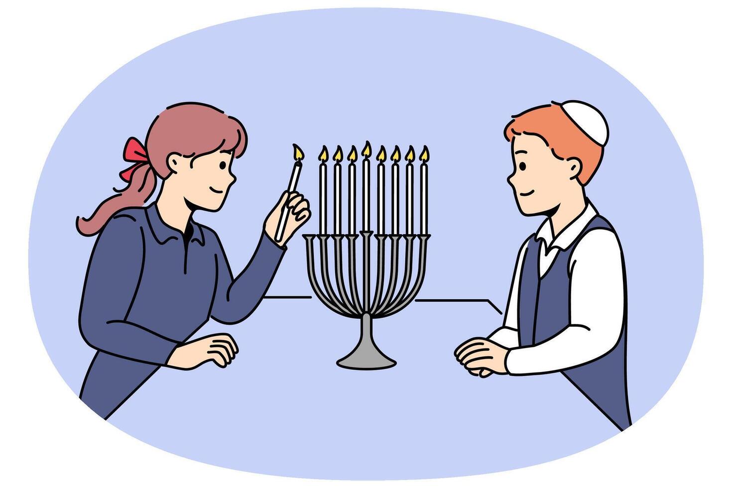 Jewish children stand near minora with burning candles, preparing for traditional holiday hanukkah vector
