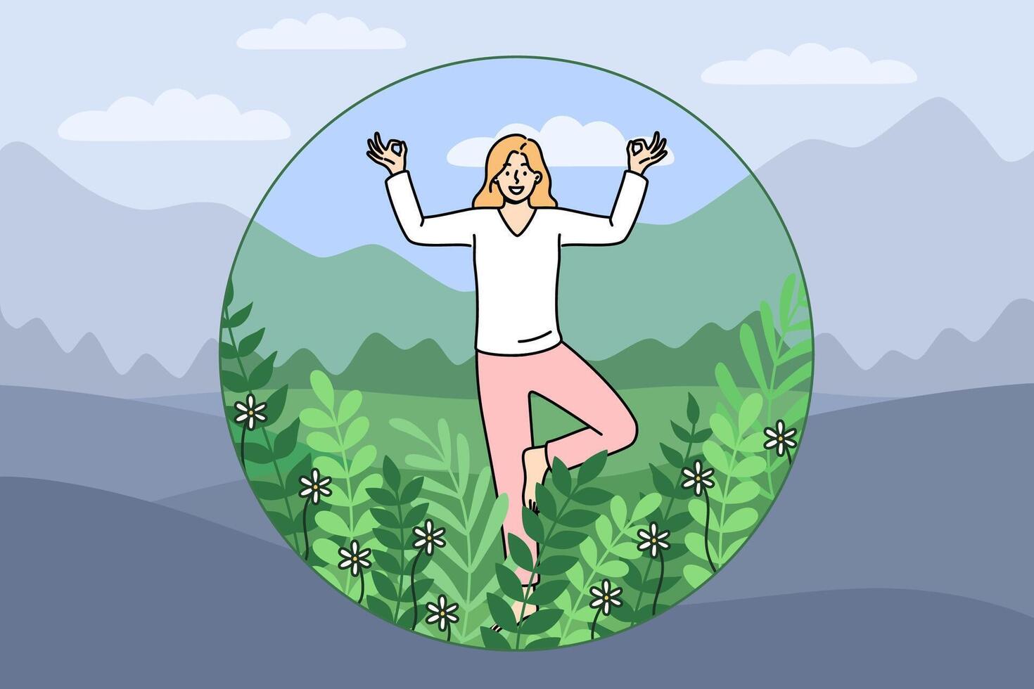 Introverted woman meditates and feels comfortable being safe inside bubble with green plants vector