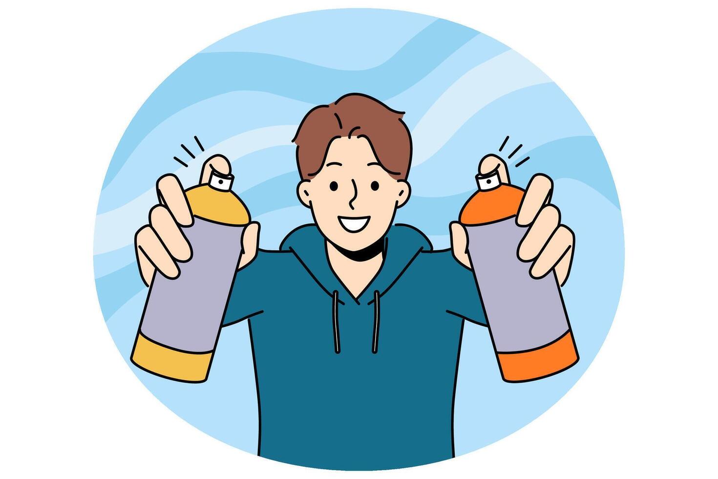 Man street artist draws graffiti holding two cans of paint in hands and with smile looks at screen vector