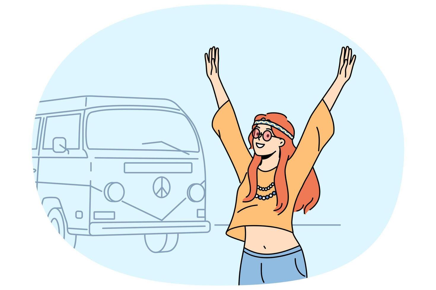 Hippie girl goes on summer travel in minivan and raises hands, rejoicing at opportunity to relax vector