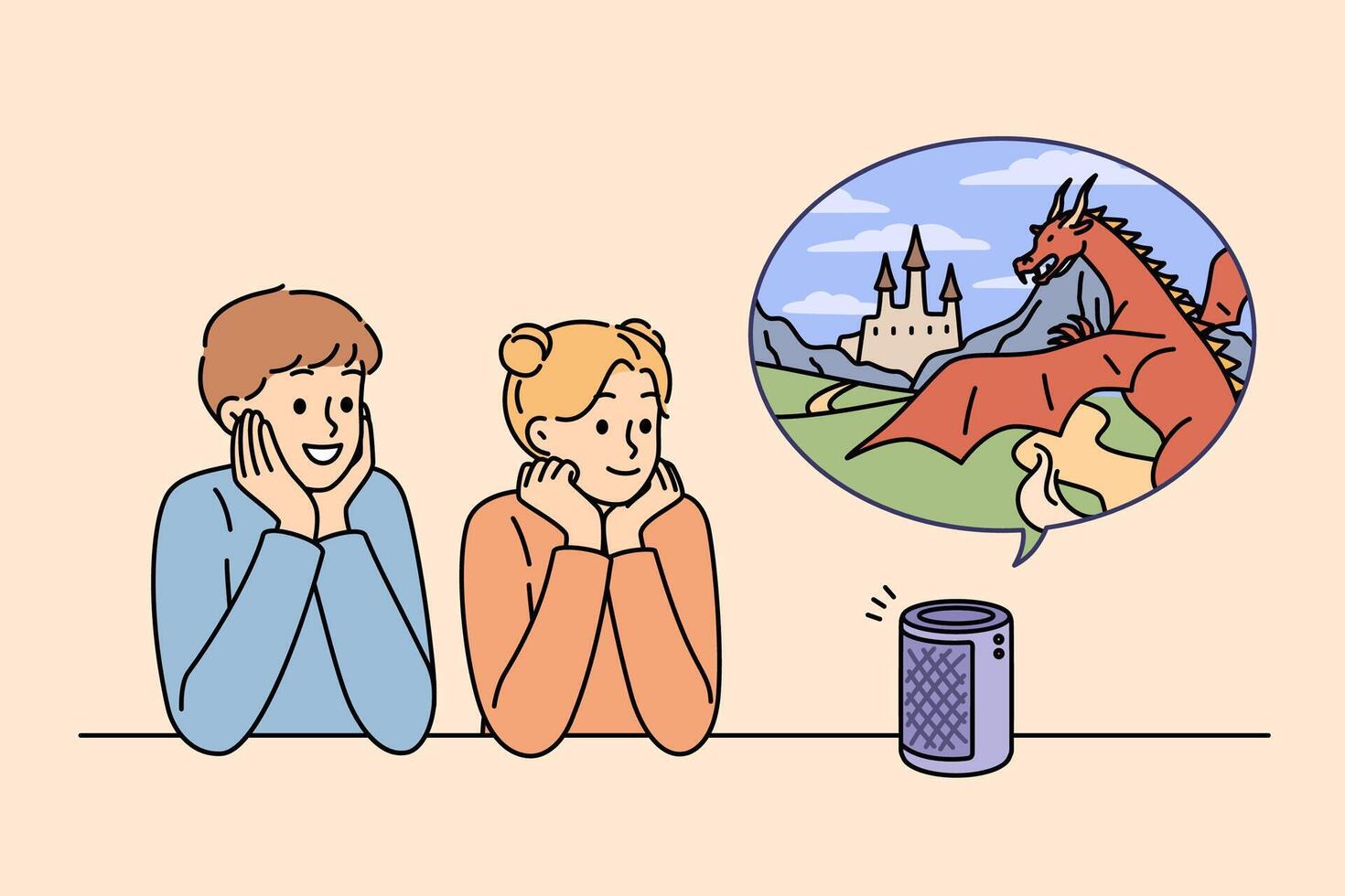 Smart speaker reads fairy tale to young children, telling fantastic story about dragons and castles vector