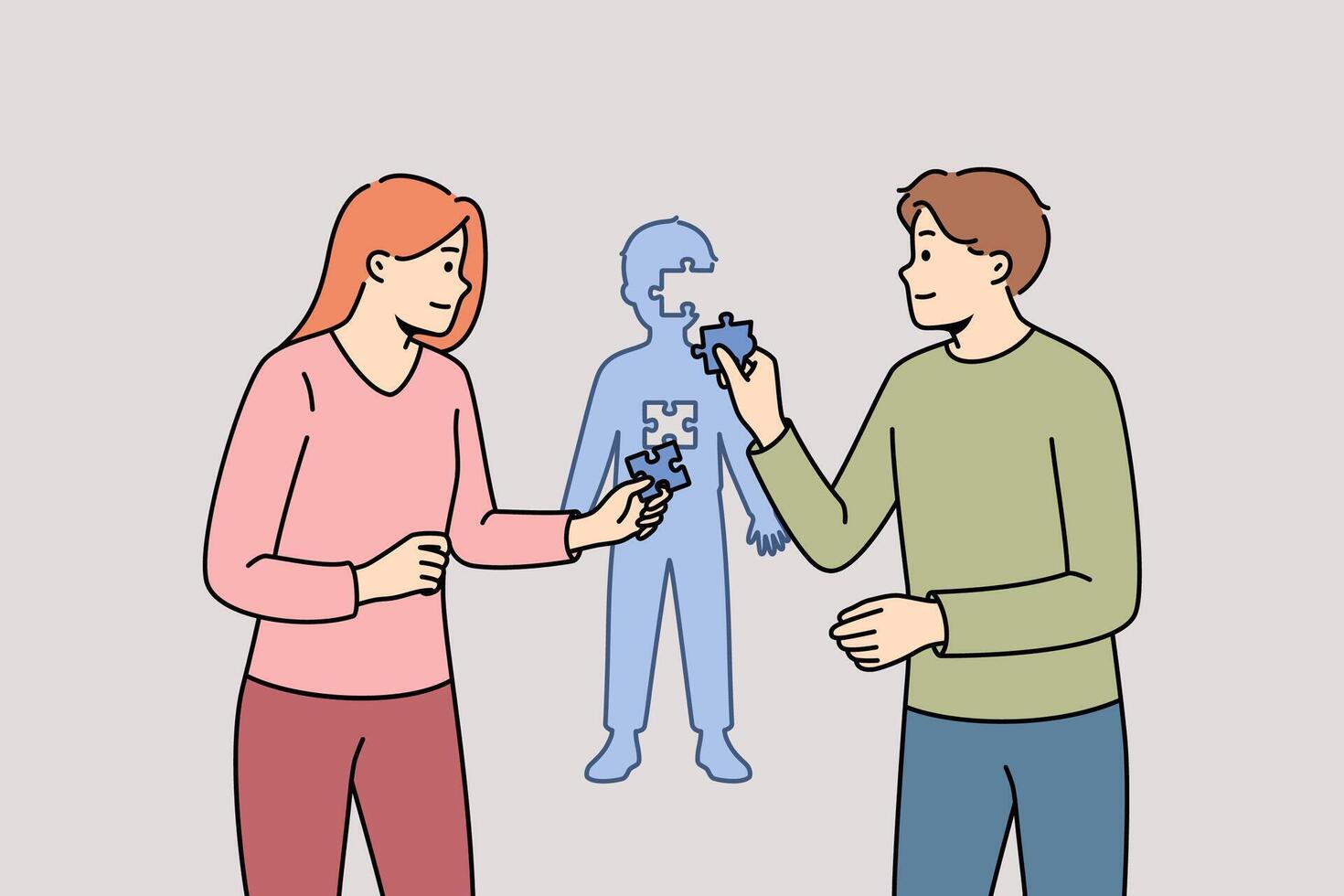 Formation of child personality thanks to parents assembling kid figure from puzzles vector