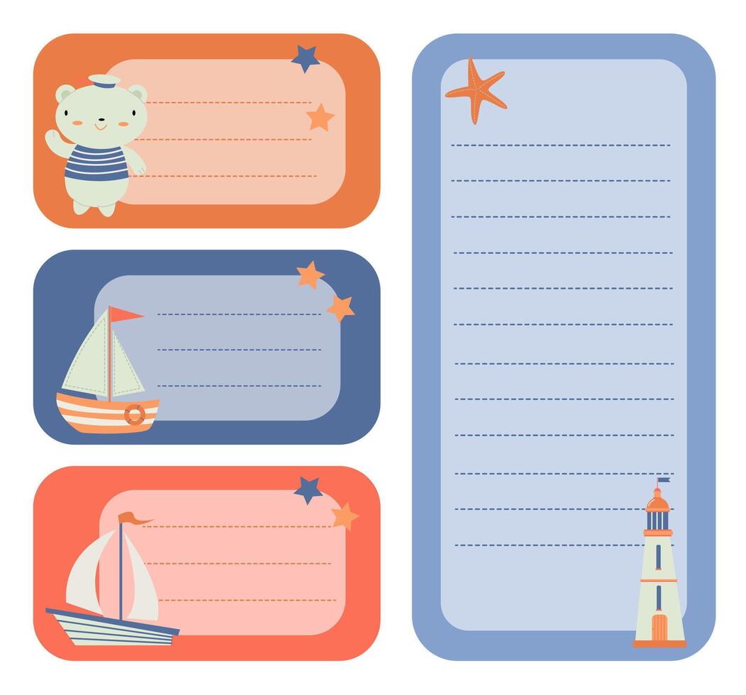 a set of marine-themed labels for children with ships and a lighthouse vector