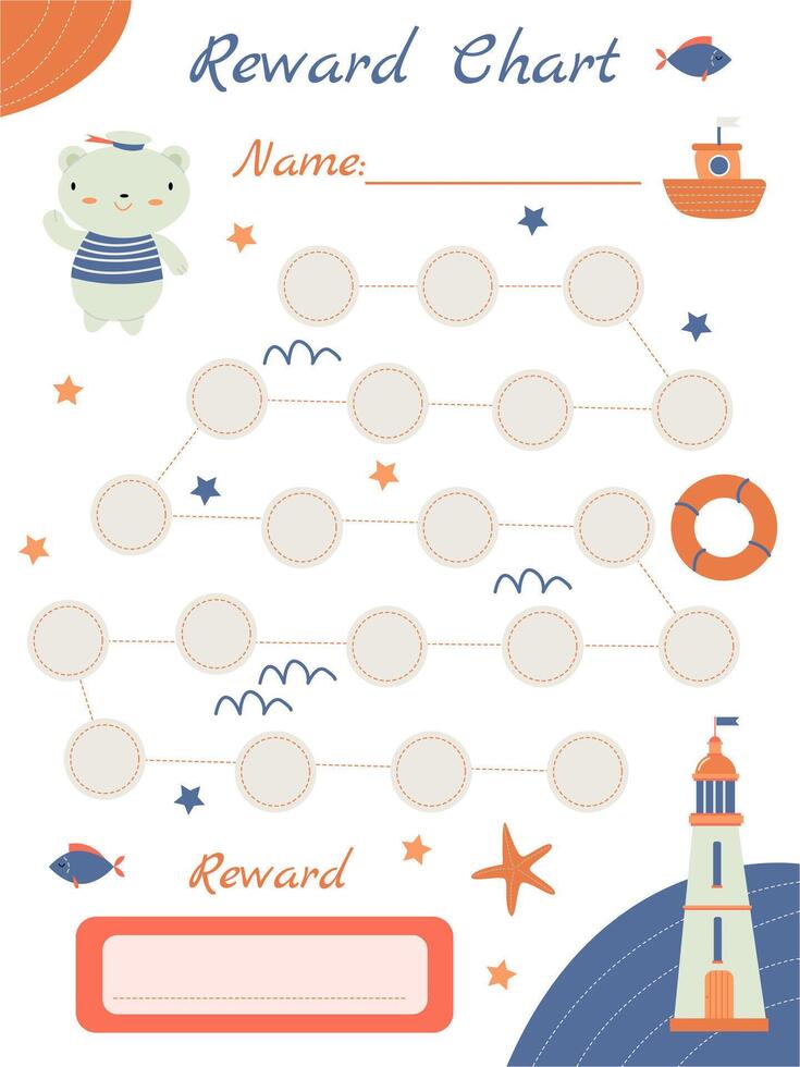 children's goal tracker reward with a marine theme with a bear and a lighthouse vector