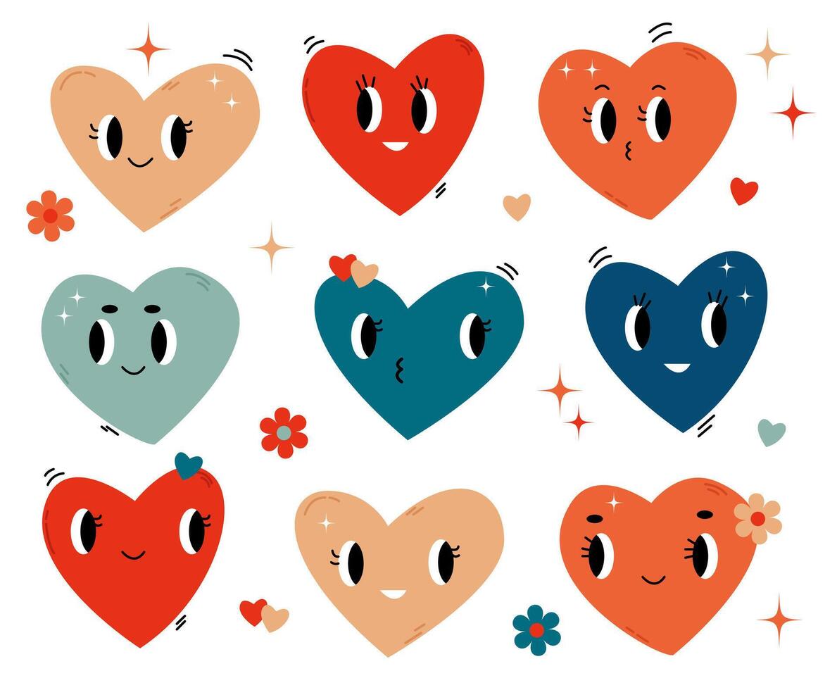 Set of bright retro hearts for Valentine's Day on a white background vector