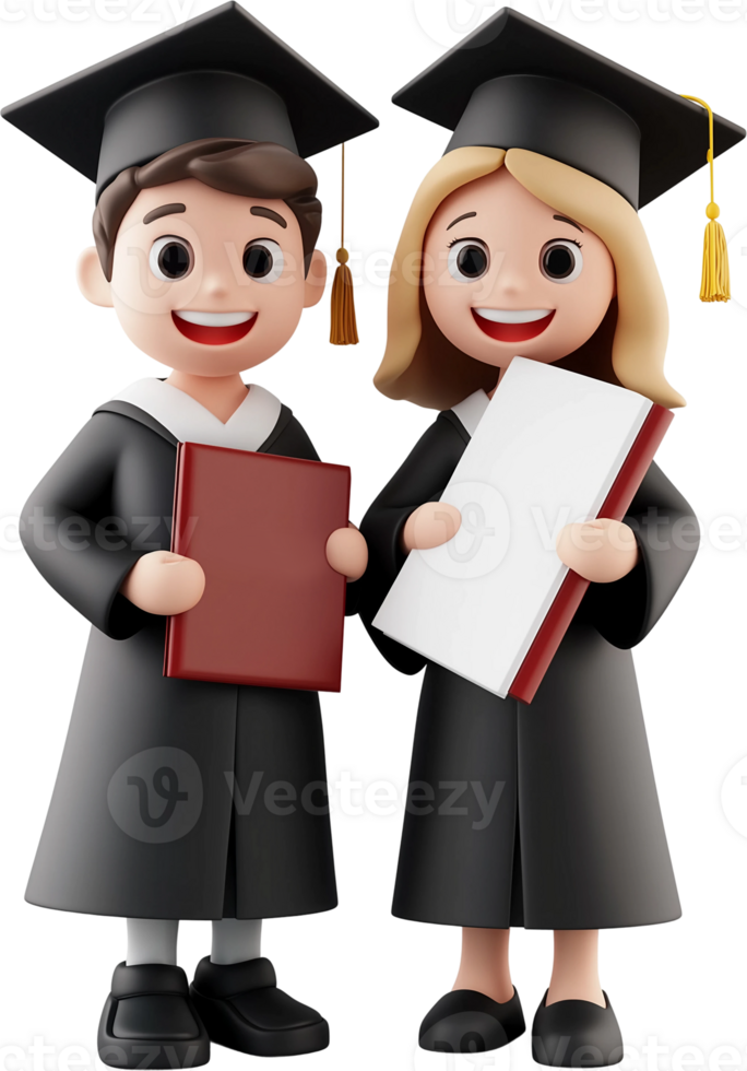 3d illustration students in cap and gown png