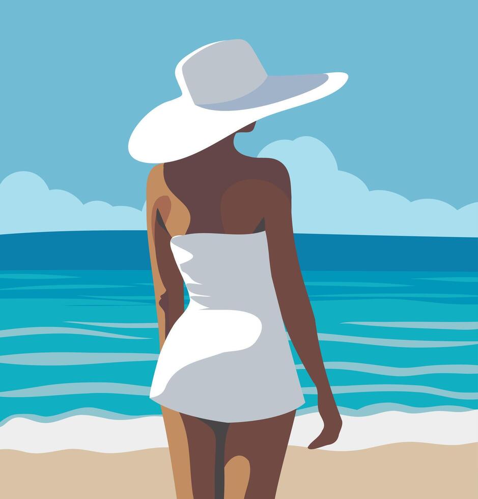 flat illustration summer. A woman in a white swimsuit dress and summer hat rests on the beach. illustration in flat art style vector