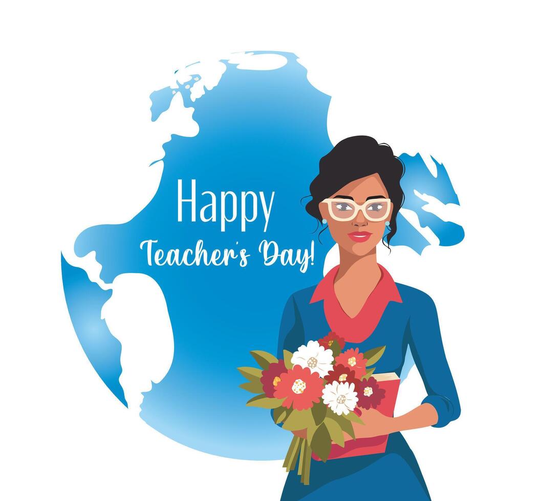 Celebrating World Teachers' Day. Happy Teacher's Day. October 5 illustration of a teacher with flowers on the background of the globe. Banner greeting card. International Teachers Day vector