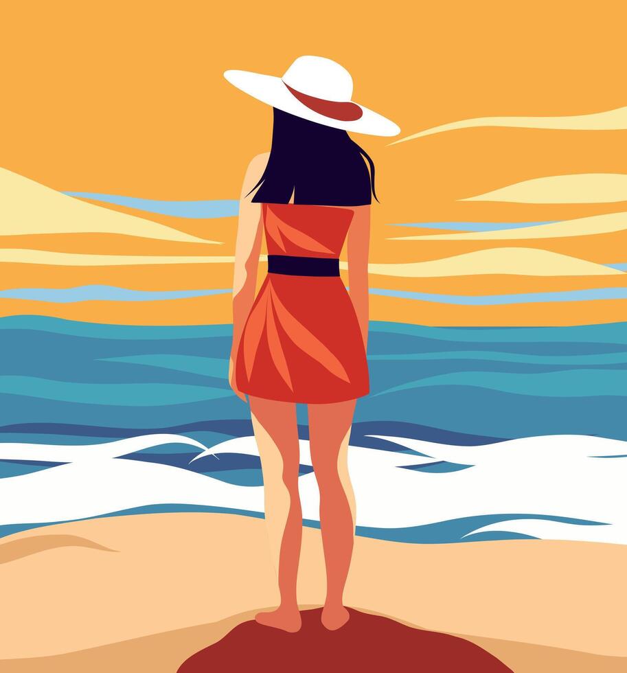 flat bright juicy illustration. A girl on vacation on the beach in a dress and hat. No face. Back view. Tanned girl. Walk on the sea vector