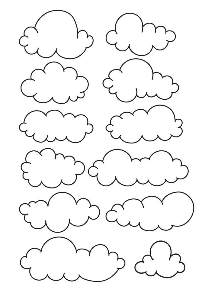 set blue flat clouds, sky, black one line, clouds collection on white background vector