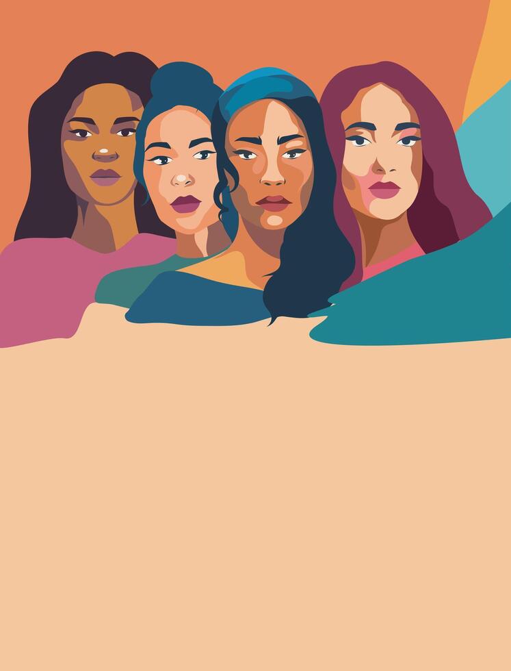 Movements for gender equality and women's empowerment. Women of different skin colors, cultures and nationalities stand side by side. International Women's Day. abstract illustration for advert vector