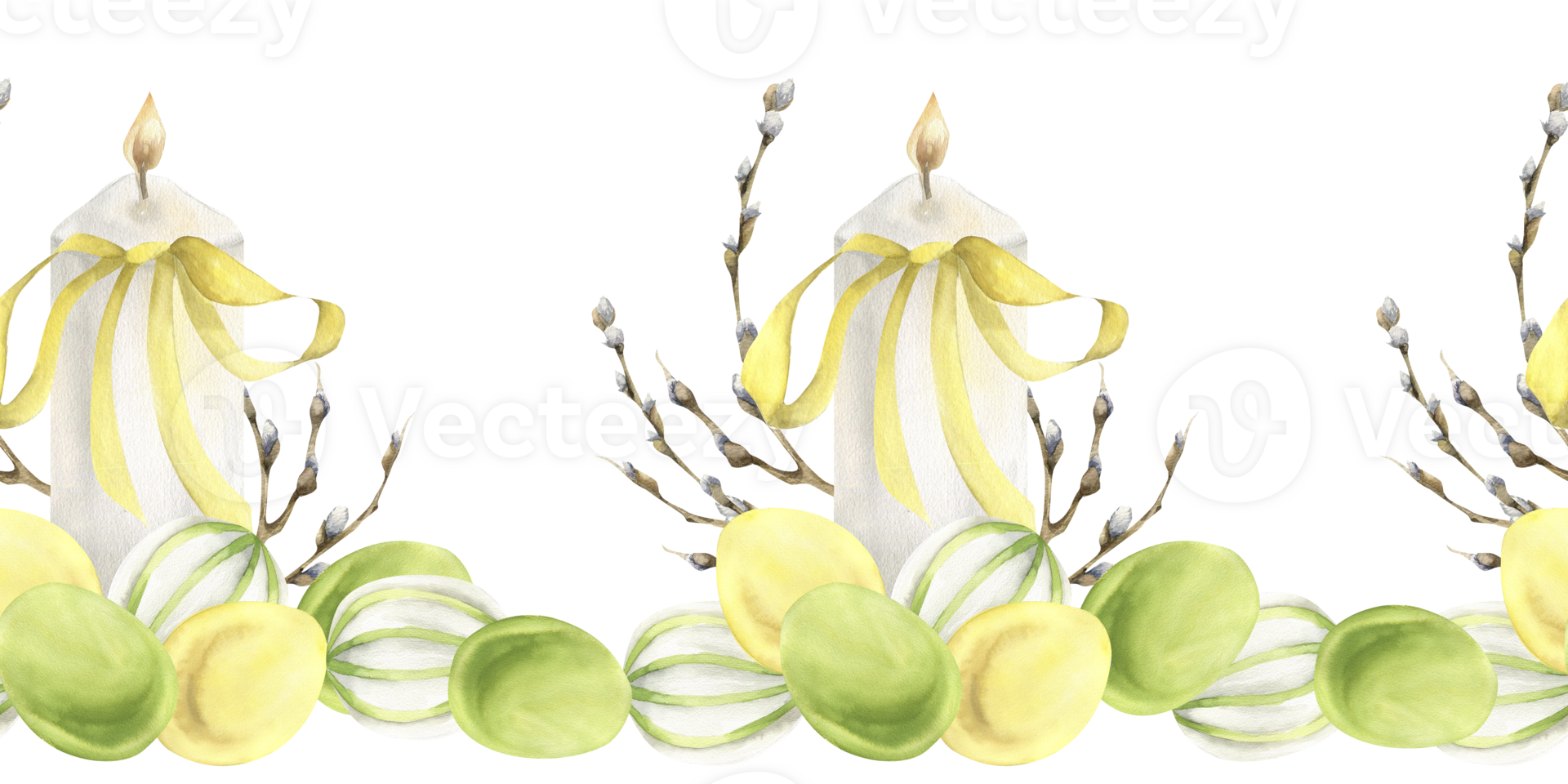 Spring Easter floral seamless border with white candles and colorful eggs decorated with willow branches watercolor illustration.Religious banner, traditional symbol for textile,fabric, packing design png
