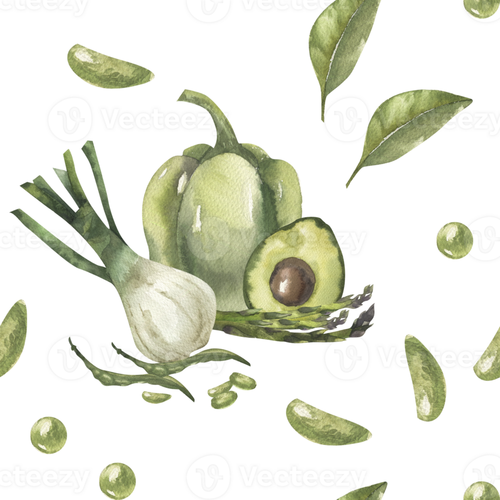 Green fresh vegetables seamless pattern with sweet pepper, avocado,onion shallot,beans watercolor illustration.Hand drawn vegan food background for veggie restaurant,product packing,eco shopper design png