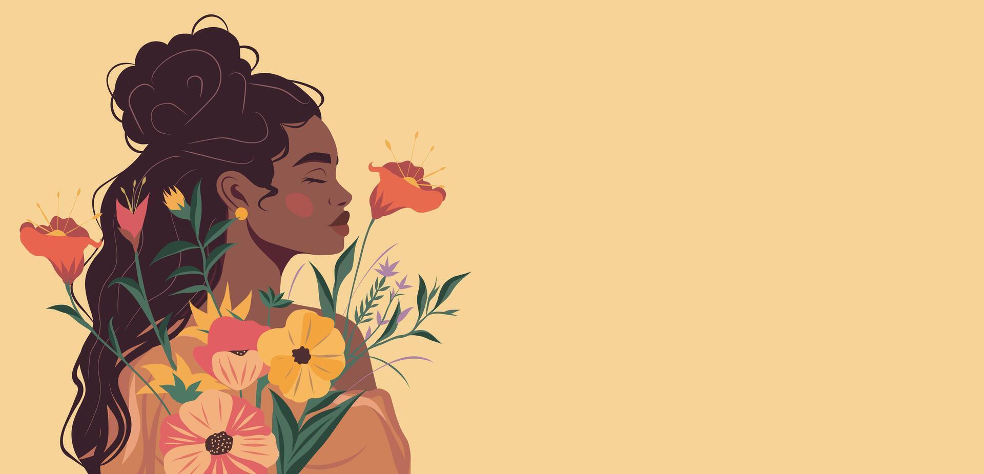 flat illustration of a black African American woman standing sideways on a background of flowers and plants. greeting card with place for text Women's Day vector