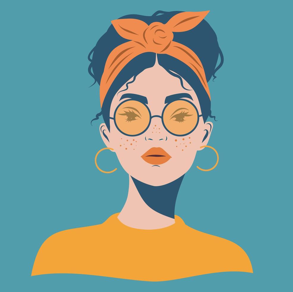 Beautiful girl with a headscarf and glasses, flat illustration avatar for social networks, print, poster vector