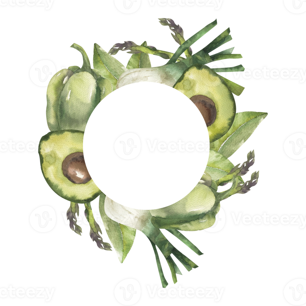 Green vegetables banner template with avocado, sweet pepper, asparagus and onion shallot watercolor illustration. Hand drawn round frame with vegan food clipart for product packing, menu, cafe design png