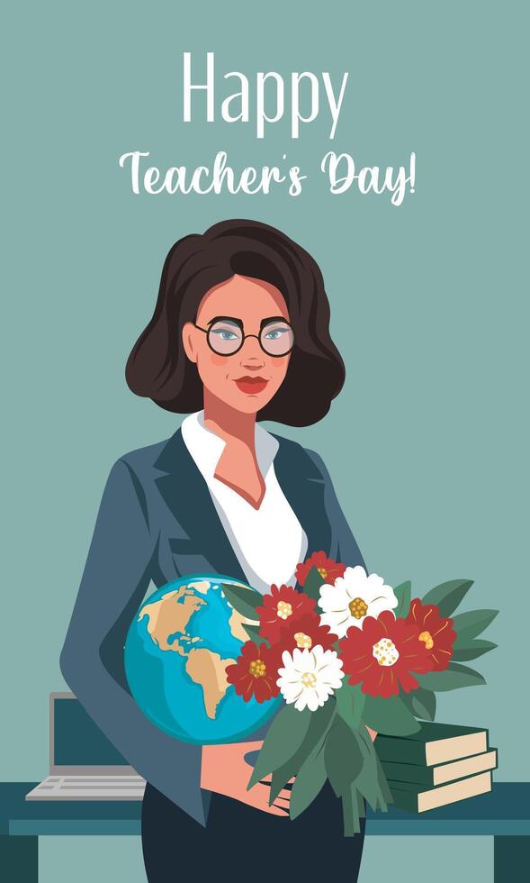 Celebrating World Teachers' Day. Happy Teacher's Day. October 5 illustration of a beautiful woman teacher with flowers and a globe in her hands. International Teachers Day vector