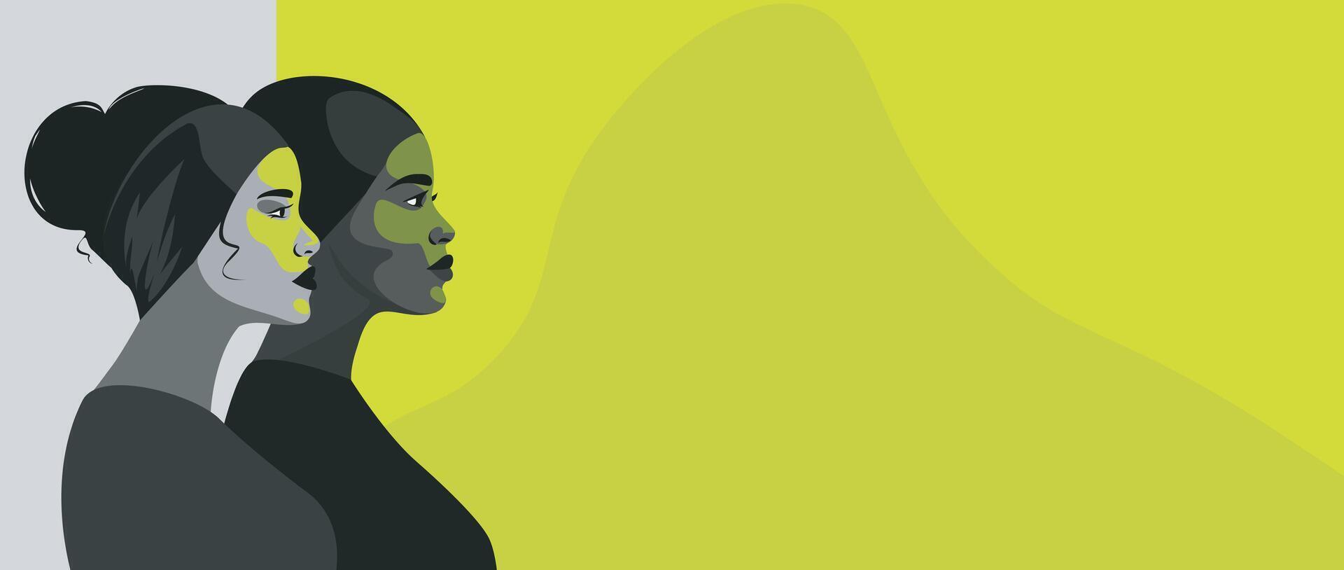 banner place for text beautiful strong women stylish modern color palette of black, gray, lime green. Femininity independence. Concept of feminism, gender equality, women's rights, empowerment vector
