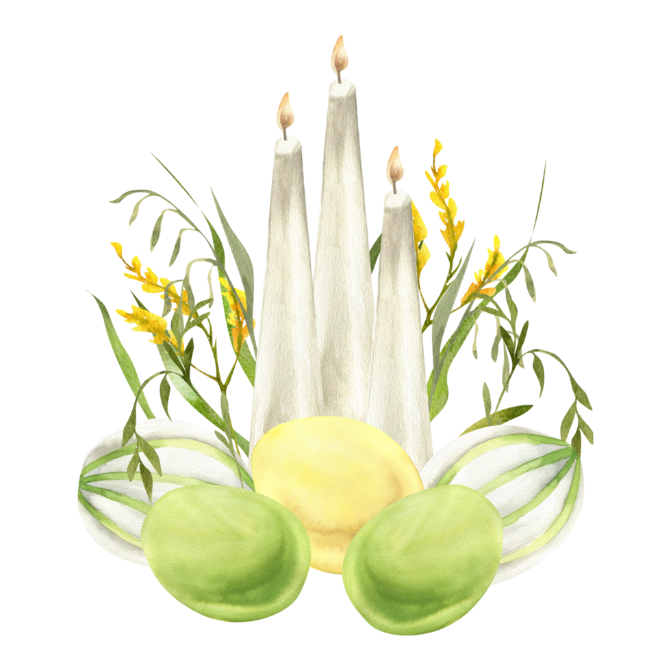 Easter traditional home composition with white candles, green,yellow eggs and floral decor. Hand drawn spring festive arrangement for label. logo, web design. Field flowers,grass with eggs and light png