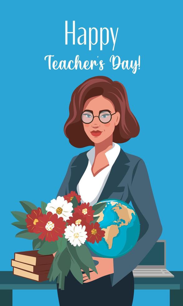 Happy Teacher's Day. October 5. Celebrating International Teachers Day. illustration of a beautiful woman teacher with flowers and a globe in her hands. Poster, banner, flyer, postcard. vector