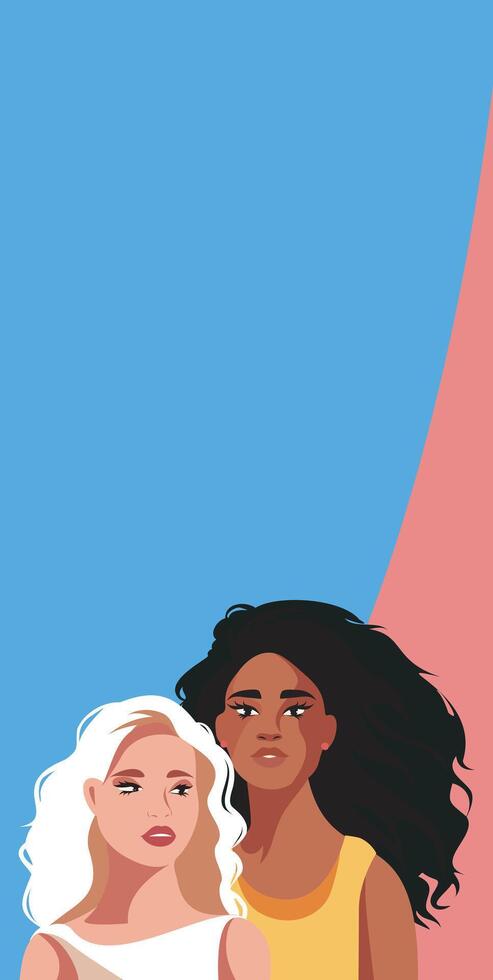 modern design vertical banner with place for text, women of different nationalities and skin colors on a gentle blue pink background. Of the movement for gender equality and women's empowerment vector