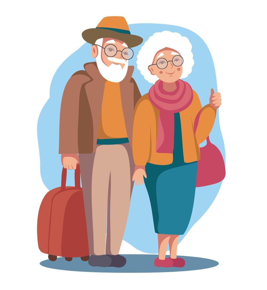 illustration Old People's Day holiday cartoon smiling elderly old people husband and wife man and woman with luggage suitcases going on a trip. Tourism. Isolated on white background vector