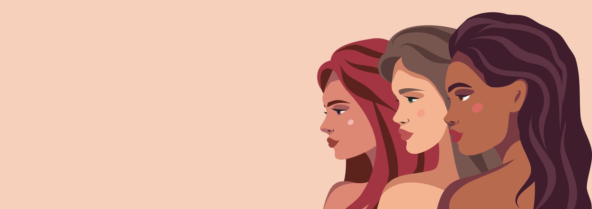 Banner horizontal with international women's day with place for text, portrait of different women standing together, concept of feminism, empowerment, concept of struggle for women's freedom, protest vector