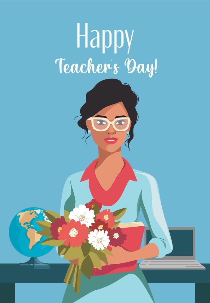 Celebrating international teacher's day. Happy Teacher's Day on October 5th. Beautiful young teacher with a bouquet of flowers in her hands. illustration. Poster, banner, flyer, greeting card vector