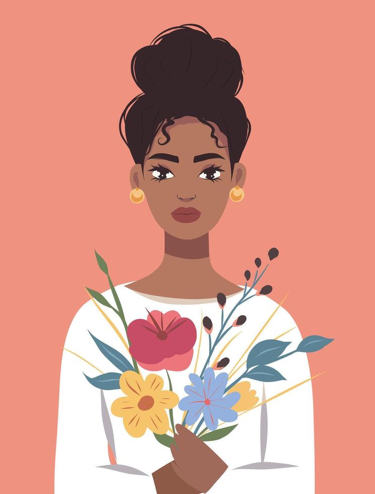 illustration banner poster postcard beautiful afro black girl woman with flowers in hands on pink background. Concept movement for gender equality and women's empowerment vector