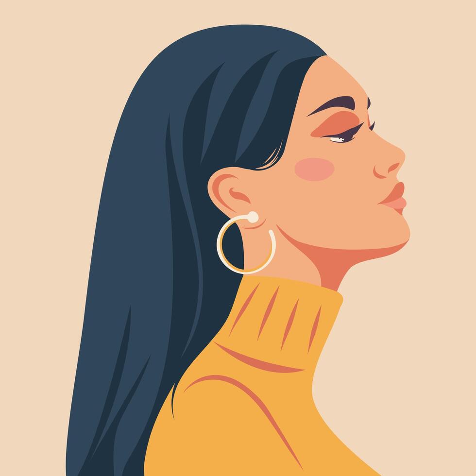 flat illustration portrait avatar icon flat for Women's Day on beige background. Beautiful bright brunette woman pose sideways. Concept of the movement for gender equality women's empowerment vector