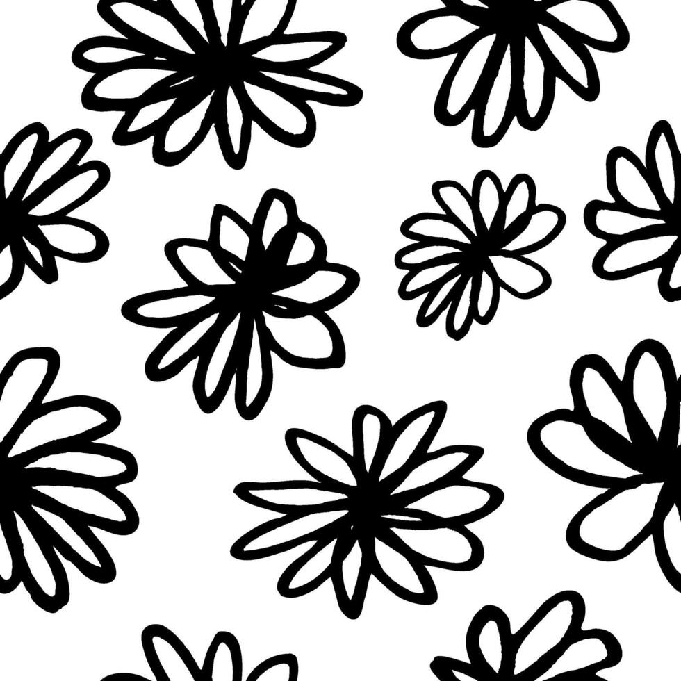 Abstract flower art seamless pattern with black brush drawn flowers. Floral drawings with texture vector
