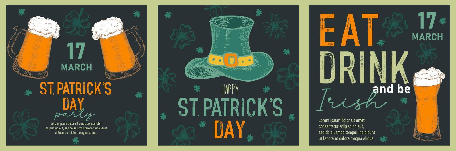 Set of trendy templates for Happy St Patrick's day with clovers, leprechaun hat, beer mugs vector