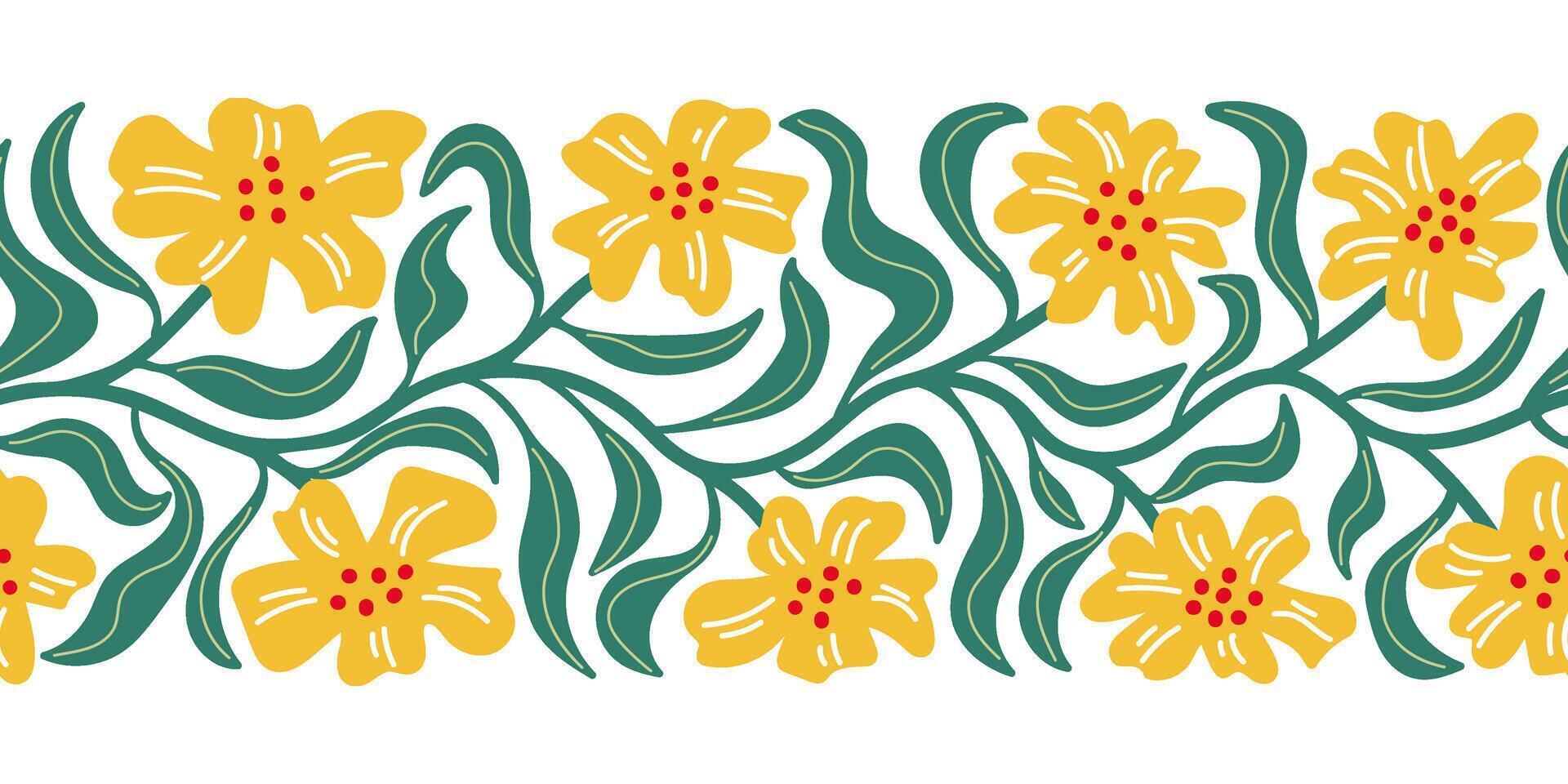 Trendy floral retro seamless border with spring flowers. Abstract blossom print in naive drawing style vector