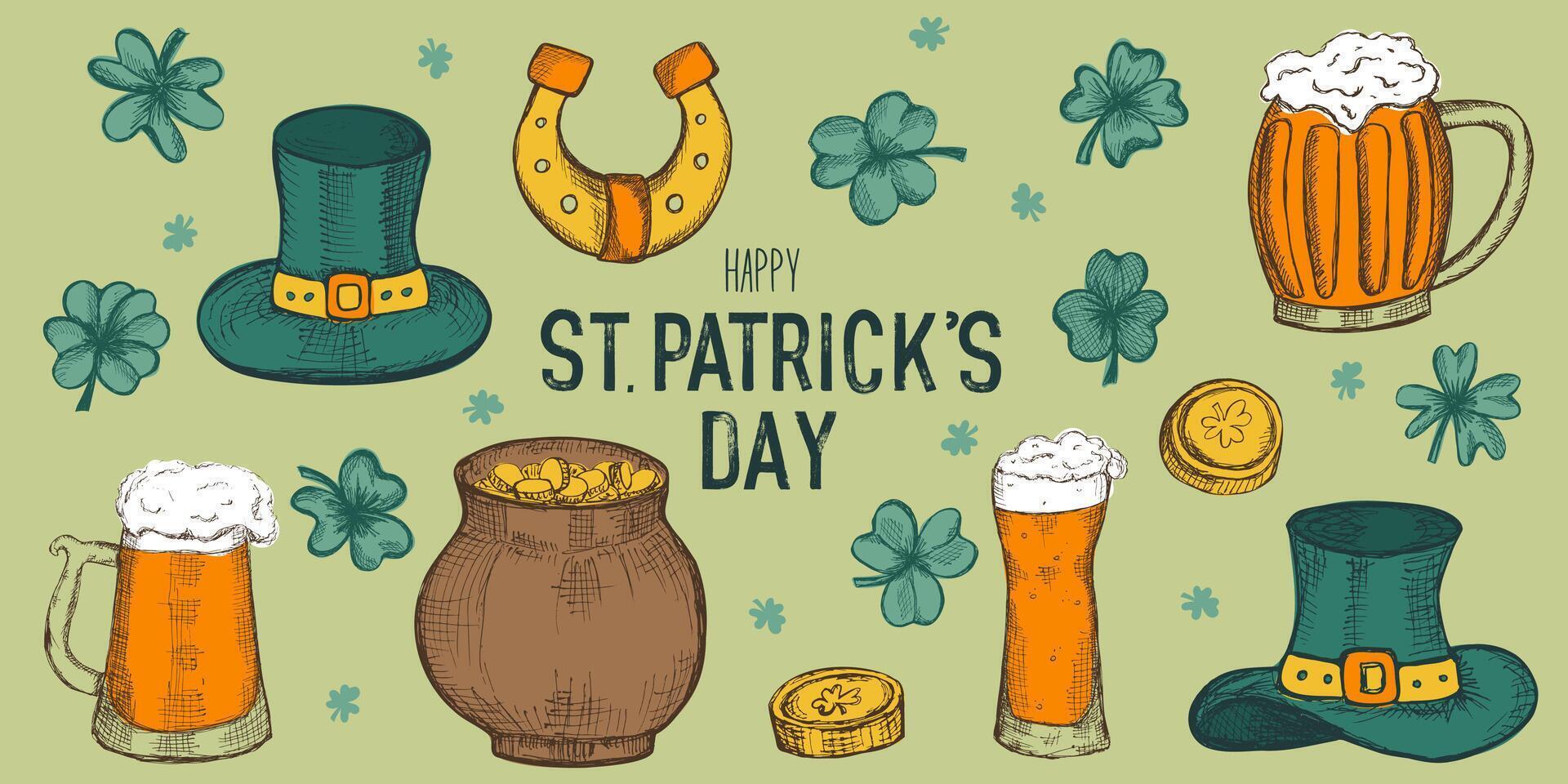 Set of retro hand drawn elements for Happy St Patrick's day. Clovers, leprechaun hat, beer mugs vector