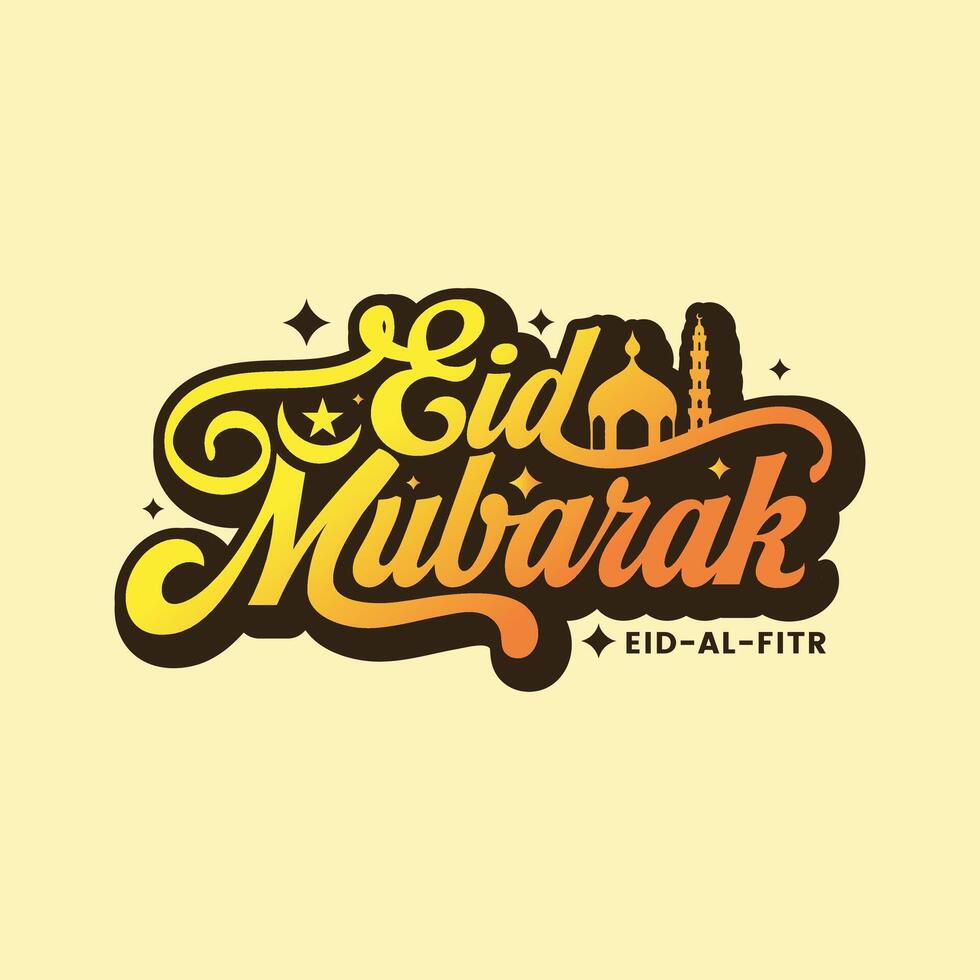 Eid Mubarak typography and calligraphy for Muslim holidays like Eid ul-Fitr and Eid al-Adha. Festive greeting card design featuring a hand drawn Eid logo with a moon and stars illustration. vector